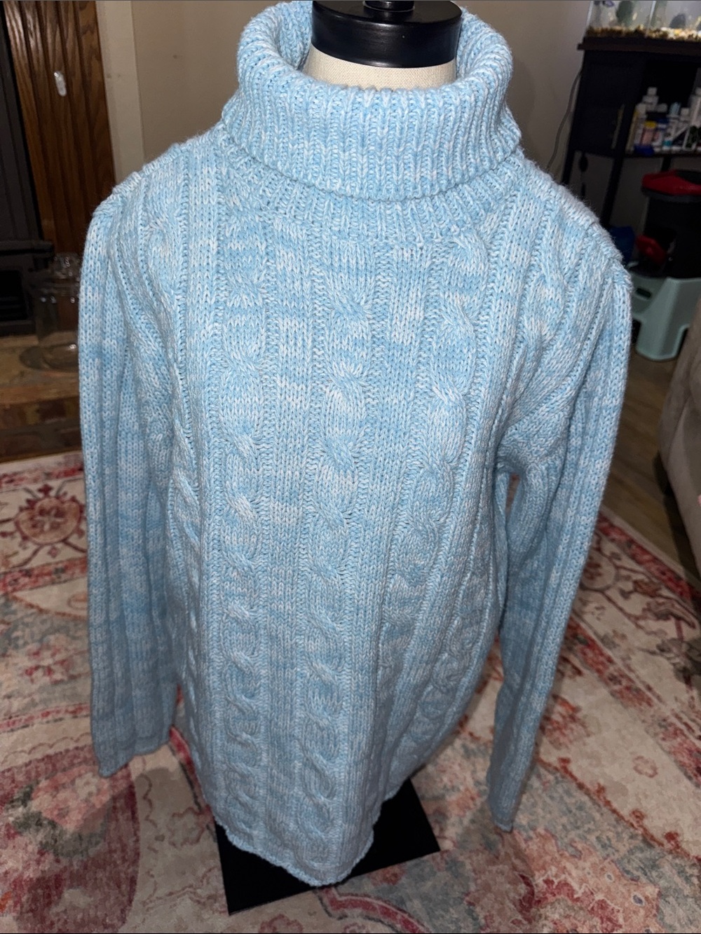 Pink Rose Light Blue Cable Knit Turtleneck Sweater